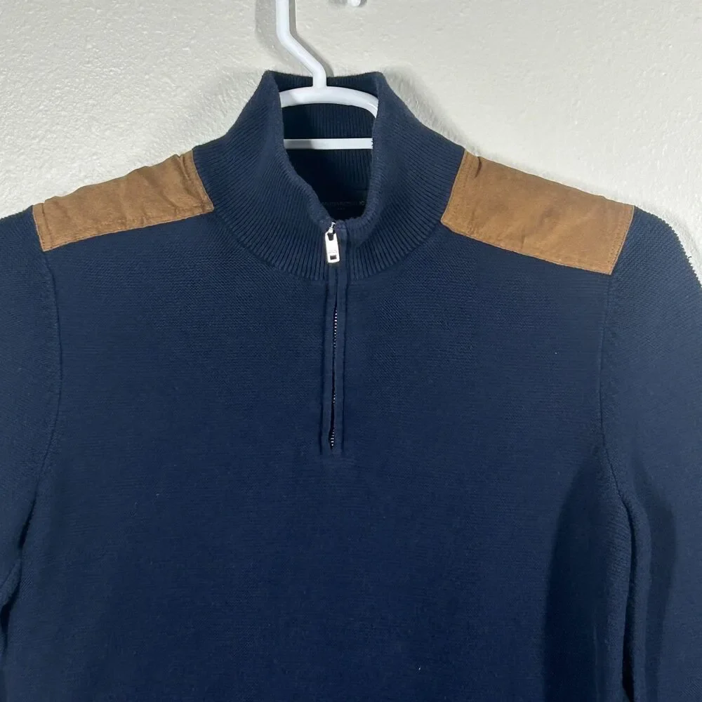 Banana Republic Navy Blue 1/4 Zip Sweater Suede Shoulder Patches Size S